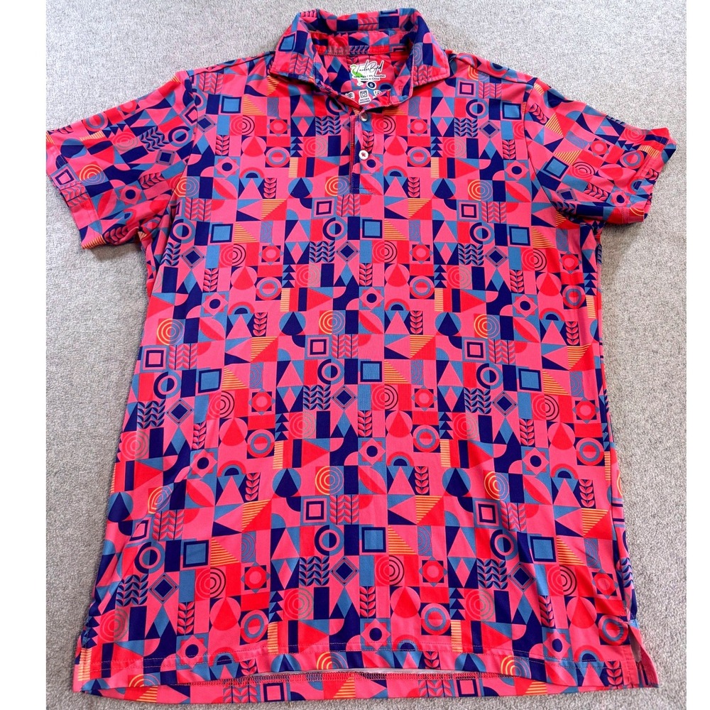 TailorByrd Polo Shirt Mens Small Pink Blue Geometric Mosaic Performance